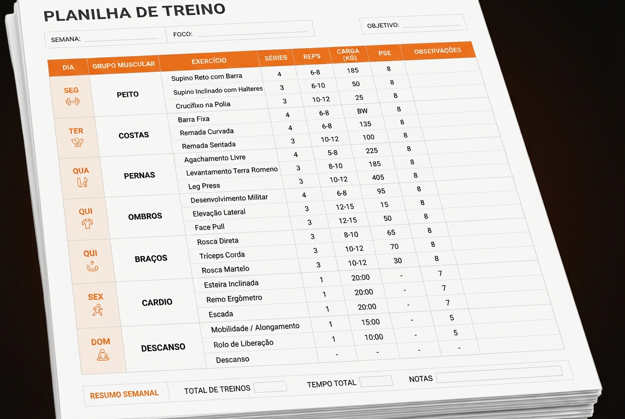 Pilha de planilhas de treino impressas